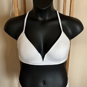 Classic White Ribbed Bikini With Plunged Neckline and High Waisted Bottoms.